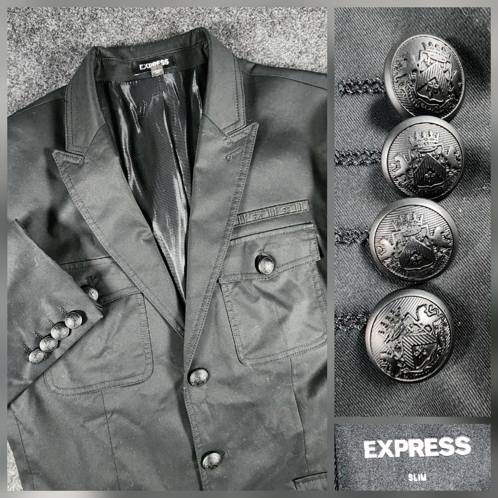 Express Military Blazer Mens 38R Black Extra Slim‎ Stretch Crest Button Utility